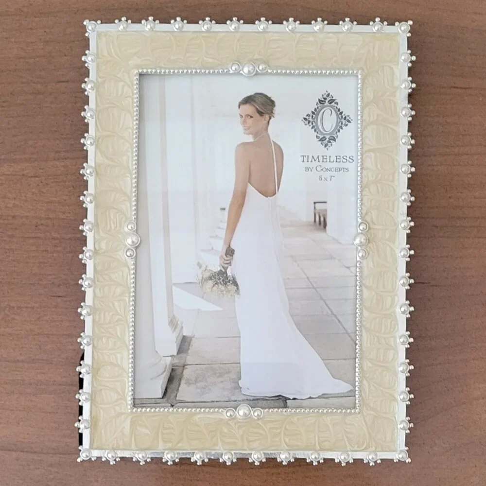 5x7 Pearl Embellished Picture Frame Cream Silver Wedding Cottage Chic Decor